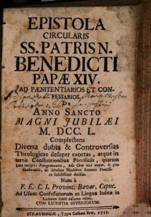 Epistola circular ... ad Poenitentiarios ... anno Jubil. 1750 ... : "Inter labores"