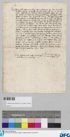 Hanns von Degenberg zu Altennußberg erklärt der Stadt Nürnberg, dass seine Fehde gegen die Stadt, des Lorenz Schürstab wegen, eine rechtmäßige sei, doch wolle er vor den Herzogen Albrecht und Ludwig v. Bayern Recht nehmen.
