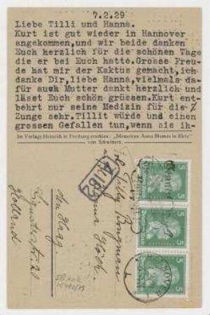 Postkarte von Helma Schwitters an Hannah Höch [und Til Brugman], mit Abbildung "Kurt Schwitters »Trauernde« 1916". Hannover