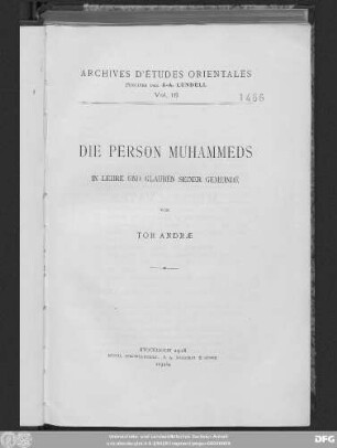 Die Person Muhammeds in Lehre und Glauben seiner Gemeinde