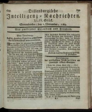 XLIV. Stück. Sonnabends: den 1. November, 1783.