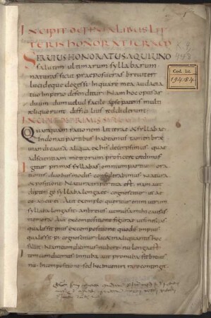 Servius Honoratus de finalibus literis. Commentarium Maximi Victorini de ratione metrorum [u.a.] - BSB Clm 19484