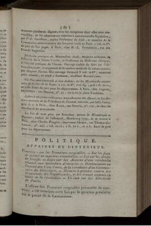 Politique. Affaires De L'intérieur.