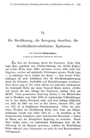 VI. Die Bevölkerung, die Bewegung derselben, die Sterblichkeitsverhältnisse, Epidemien.