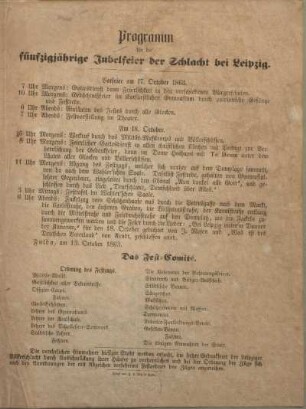 Programm für die fünfzigjährige Jubelfeier der Schlacht bei Leipzig