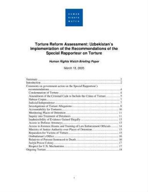 Torture reform assessment : Uzbekistan's implementation of the recommendations of the special rapporteur on torture