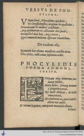 Versus de Phocylide / Phocylidis Poema Admonitorium.