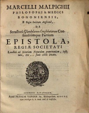 De structura Glandularum Conglobatarum consimiliumque partium epistola ...