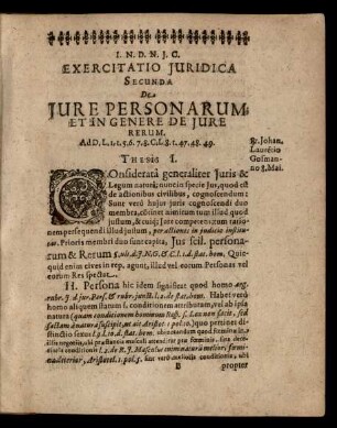 Exercitatio Juridica Secunda De Jure Personarum Et In Genere De Jure Rerum. Thesis I. - LIII.