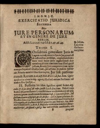 Exercitatio Juridica Secunda De Jure Personarum Et In Genere De Jure Rerum. Thesis I. - LIII.