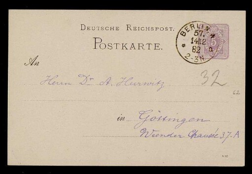 Nr. 14: Postkarte von Carl Runge an Adolf Hurwitz, Berlin, 14.12.1882