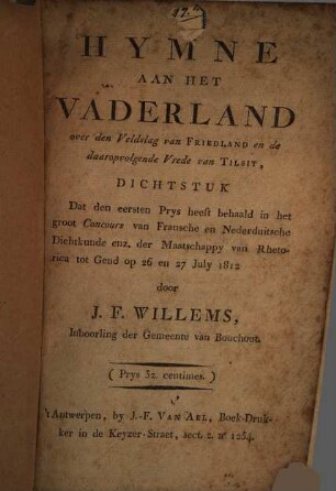 Hymne aan het vaderland over den veldslag van Friedland en de daarapvolgende vrede van Tilsit