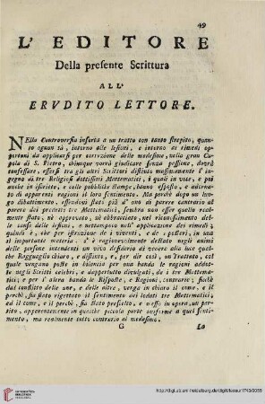 L’editore della presente Scrittura all’ erudito lettore