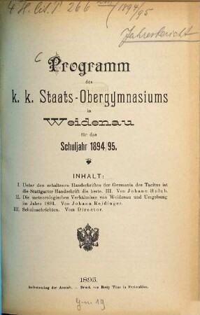 Programm des K.K. Staats-Obergymnasiums in Weidenau : für das Schuljahr .... 1894/95