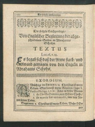 Die sechste Leichpredigt/ Von Englischer Begleitung der abgeschiedenen Seelen in Abrahams Schohs.