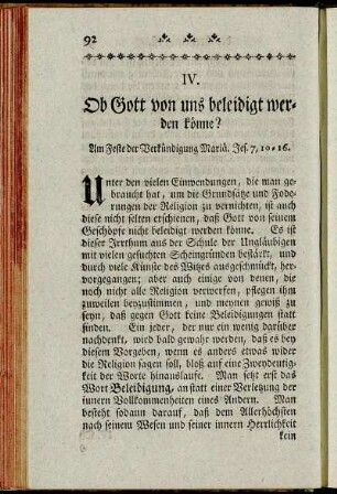 IV. Ob Gott von uns beleidigt werden könne? Am Feste der Verkündigung Mariä. Jes. 7, 10-16.