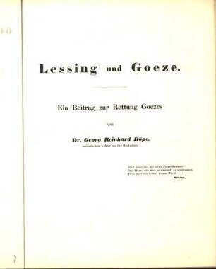 Lessing und Goeze : ein Beitrag zur Rettung Goezes