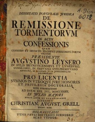 Dissertatio Inavgvralis Jvridica De Remissione Tormentorvm In Actv Confessionis