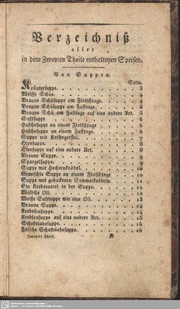 Verzeichniß aller in dem Zweyten Theile enthaltenen Speisen
