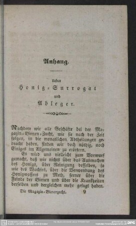 Anhang. Ueber Honig-Surrogat und Ableger