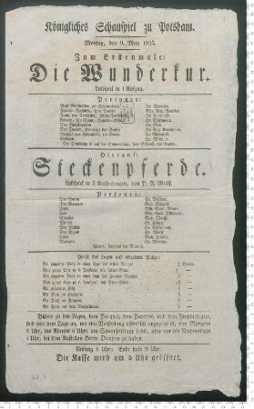 Theaterzettel zur Uraufführung von "Die Wunderkur" sowie zur Aufführung von "Steckenpferde"