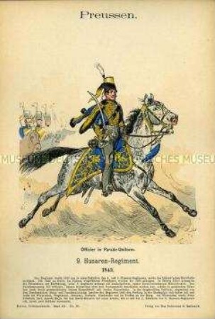 Uniformdarstellung, Offizier des 9. Husaren-Regiments in Parade-Uniform, Königreich Preußen, 1843.