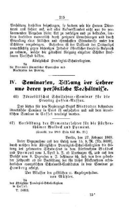 Vorbildung der Elementarlehrer für die Fürstenthümer Waldeck und Pyrmont : [IV. Seminarien, Bildung der Lehrer und deren persönliche Verhältnisse]