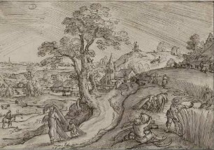 Der Sommer - Gebirgslandschaft mit Dörfern, rechts Schnitter