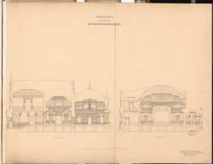 Vereinshaus der Berliner Künstler Schinkelwettbewerb 1880: 2 Längsschnitte (Hauptachse, linker Flügel); Maßstabsleiste