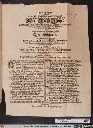 Ehren-Gedichte/ Als der Edle ... Herr Enoch Gläser/ Dieser Fürstl. Julius-Universität Wolverordneter Iuris Profess. publ. Den 30. Aug. dieses 1659sten Jahrs Doctor erkläret ward/ Und zugleich sein Hochzeitlich Frewden-Fest hielt Mit der Edlen ... Jungfer Anna Susanna/ Des ... Herrn Balthasaris Rincken ... hinterlassenen Ege-leiblichen: Wie auch Des ... Herrn Henrici Binnii ... adoptirten Tochter : Von dessen damahligen Sämptlichen Mit-Tischgnossen bey Herrn D. Johanne Eicheln wolmeynent auffgesetzet