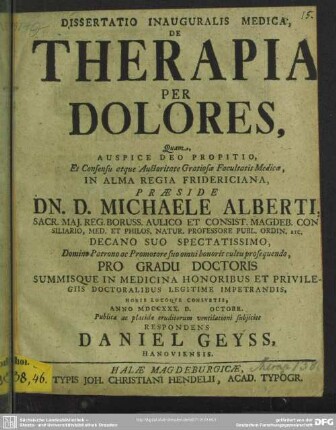 Dissertatio Inauguralis Medica, De Therapia Per Dolores