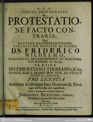 Dissertatio Inauguralis De protestatione facto contraria