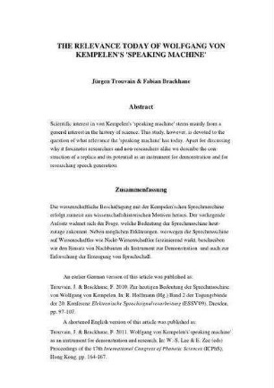 The relevance of today Wolfgang von Kempelen's speaking machine