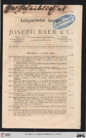Antiquarischer Anzeiger von Joseph Baer, Sotheran & Co (Nr. 289 - 575)