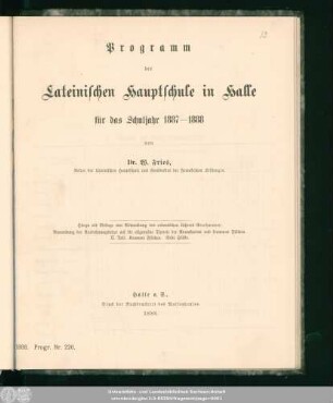 1888: Programm der Lateinischen Hauptschule in Halle : für d. Schuljahr ...