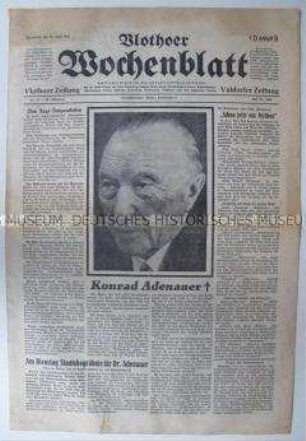 Regionale Wochenzeitung "Vlothoer Wochenblatt" zum Tod von Konrad Adenauer