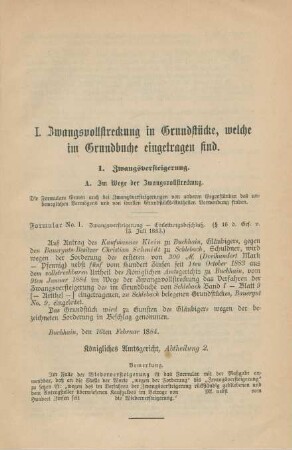 I. Zwangsvollstreckung in Grundstücke, welche im Grundbuche eingetragen sind.