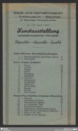 Kunstausstellung westsächsischer Künstler : Stadt- und Heimatmuseum, Kreismuseum, Glauchau, 6. - 27. April 1947; Ölgemälde, Aquarelle, Graphik