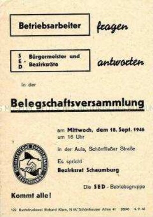 Einladung einer SED-Betriebsgruppe zu einer Belegschaftsversammlung mit dem Bürgermeister und Bezirksräten