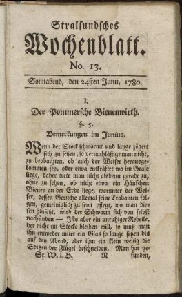 Stralsundsches Wochenblatt. No. 13. Sonnabend, den 24sten Junii, 1780.