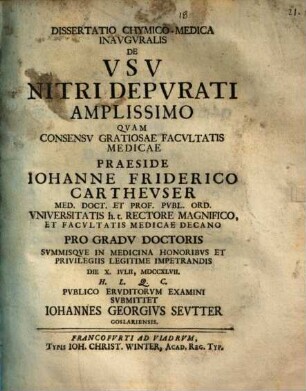 Diss. chym. med. inaug. de usu nitri depurati amplissimo