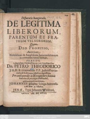 Disputatio Inauguralis, De Legitima Liberorum, Parentum Et Fratrum Vel Sororum