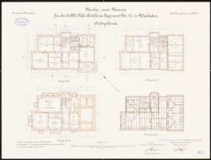 Artilleriekaserne II/27, Wiesbaden: Stabsgebäude: Grundriss Keller, Erdgeschoss, Obergeschoss, Dachgeschoss 1:100
