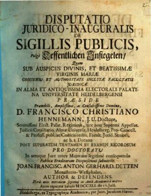 Disp. iur.-inaug. de sigillis publicis, Vulgo Oeffentlichen Insiegelen