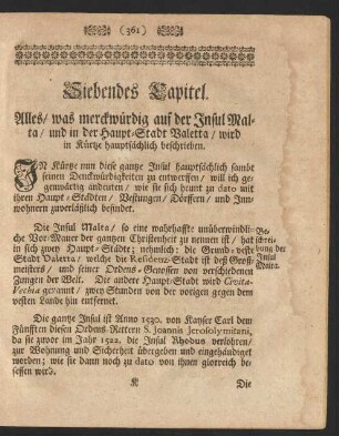 Siebendes Capitel. Alles/ was merckwürdig auf der Insul Malta ... wird in Kürtze hauptsächlich beschrieben.