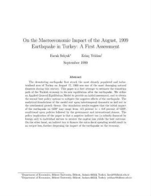 On the Macroeconomic Impact of the August 1999 Earthquake in Turkey : A First Assessment