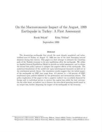 On the Macroeconomic Impact of the August 1999 Earthquake in Turkey : A First Assessment