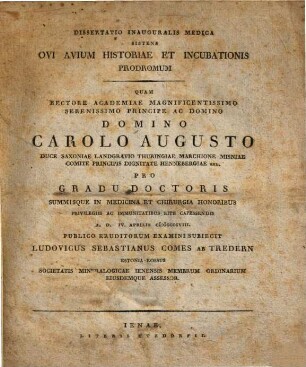 Dissertatio inauguralis medica sistens ovi avium historiae et incubationis prodromum : cum tab.