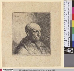 [Brustbild eines kahlköpfigen Mannes im Pelzmantel; Bald Man in a Fur Cloak: Bust; Vieillard à tête chauve]
