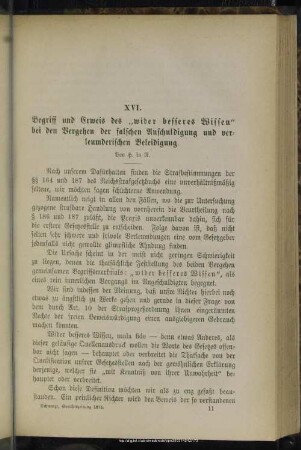 XVI. Begriff und Erweis des "wider besseres Wissen" bei den Vergehen der falschen Anschuldigung und verleumderischen Beleidigung